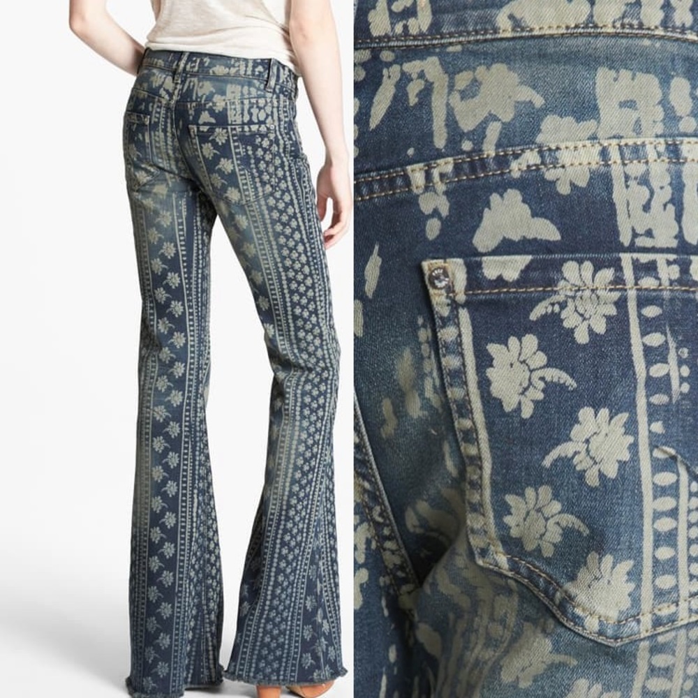 RARE Free People Blue Floral Print Flare Jeans